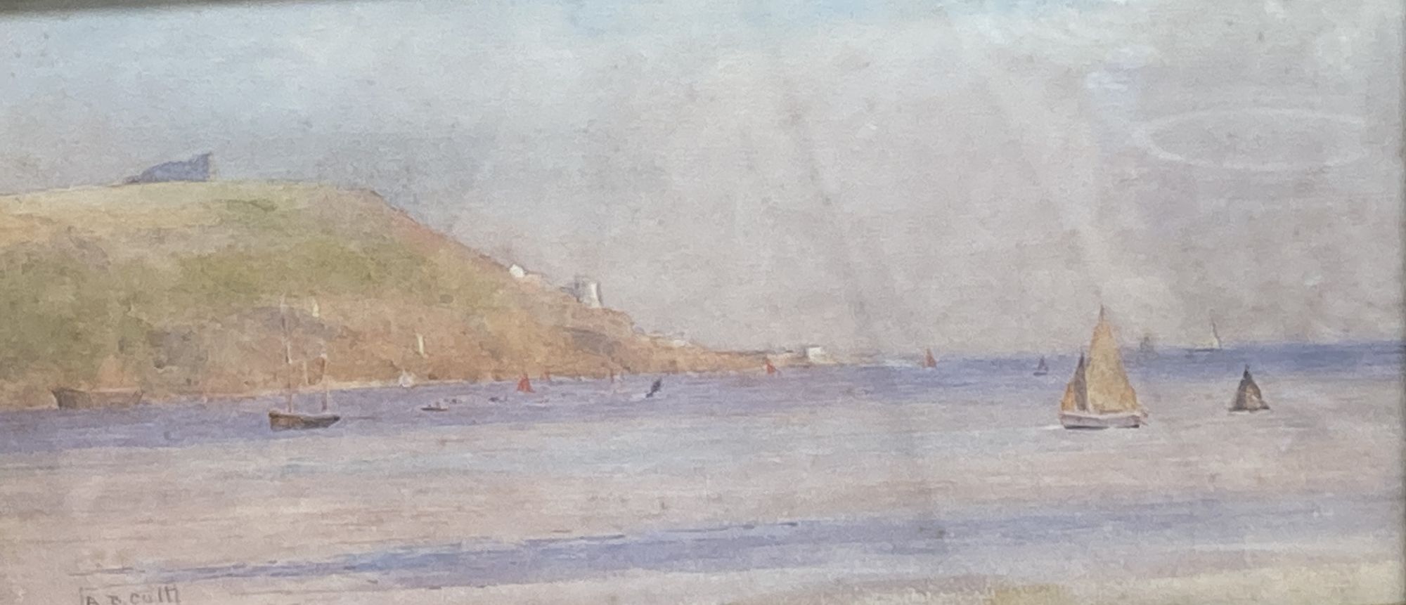Alma Burton Cull (1880-1931), watercolour, Shipping along the coast, signed in pencil, 14 x 29cm